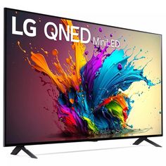 the lg qned mini led tv is shown with colorful paint splashs on it