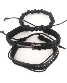 This guitar bracelet set complements your love for music. The all black bracelets are versatile and can be worn with any of your outfits. You can wear the bracelets together as a set or each one separately to create a different everyday. Every set is handmade with care. Product Information *Set comes with 3 bracelets *Material: leather/PU leather *Metals Type: alloy *Clasp Type: sliding knots *Adjustable Length: around 7 - 8.5 inches Black Band Wristband For Concerts, Black Adjustable Leather Bracelet In Casual Style, Casual Adjustable Black Wristband, Casual Black Adjustable Leather Bracelet, Adjustable Punk Beaded Bracelets As Gift, Casual Black Jewelry With Adjustable Band, Adjustable Black Punk Beaded Bracelets, Adjustable Black Beaded Punk Bracelets, Adjustable Black Leather Band Bracelet