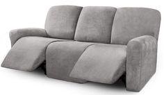 the reclining sofa is made from grey fabric and has an armrest that wraps around it