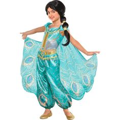 Jasmine's iconic peacock outift has a new look in this Jasmine Whole New World Costume for kids! The costume includes a jumpsuit with dangling jewels and large blue rhinestone details. Jasmine Costume Kids, Jasmine Halloween Costume, Childrens Halloween Costumes, Aladdin Party, Princess Jasmine Costume, Halloween Halloween Costumes, Video Game Costumes, Princess Halloween, Disney Princess Costumes