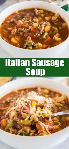 two bowls of italian sausage soup with pasta and vegetables in the bowl, one is filled with