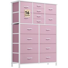 a pink and white cabinet with numbers on the front, drawers to the side, and two rows of drawers behind it