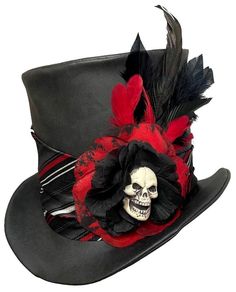 "Gothic Flair" Tall Deluxe Vinyl Top Hat A one of a kind wearable art creation by Jenkitty This tall top hat is created from slick black matte vinyl, wrapped in an upcycled silk tie band, and featuring a skull and rose centerpiece with a flourish of feathers for accent. Adult Large - Inner circumference measures about 22 3/4", about 7" tall (Around 7 1/4 men's hat size) Has wire brim so it can be shaped as you wish. **Sometimes I can alter the hat to accommodate another size - It's worth asking to see if I can resize it if you need it in another size, as I might be able to do it Brand New Fitted Gothic Costume Accessories For Themed Events, Punk Top Hat For Halloween Cosplay, Punk Style Top Hat For Halloween Cosplay, Punk Style Top Hat For Cosplay Halloween, Punk Top Hat For Halloween Costume, Black Punk Hat For Themed Events, Punk Style Top Hat For Halloween Costume Party, Black Punk Hats For Themed Events, Punk Style Top Hat For Halloween Costume