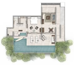 an aerial view of the floor plan of a house with swimming pool and outdoor furniture