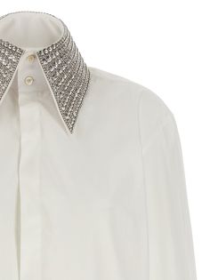 Cotton poplin shirt with button closure, pointed collar embellished with crystal appliqués. Composition: 100% cotton | Balmain Men's Jewel Collar Shirt in White | FW23/24 Luxury White Cotton Blouse, Designer Tops With Embellished Collar For Work, White Top With Embellished Collar For Work, Luxury Collared Blouse, Elegant Button-up Embellished Blouse, Elegant Embellished Button-up Blouse, Elegant Formal Shirt With Embellished Collar, Designer Cotton Button-up Blouse, Classic Long Sleeve Tops With Embellished Collar