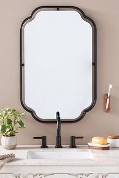 a bathroom mirror sitting on top of a white counter next to a potted plant