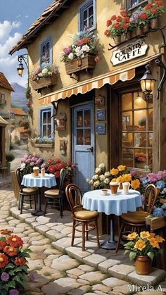 a painting of an outside cafe with flowers on the tables and potted planters