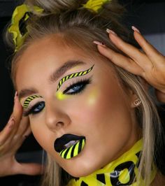 Caution Photoshoot, Alt Skirt, Christmas Eyeliner, Beautiful Halloween Makeup, Bold Lip Makeup, Tik Tok Makeup, Yellow Makeup