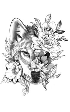 a black and white drawing of a wolf surrounded by flowers