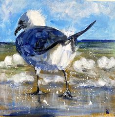 a painting of a blue and white bird on the beach