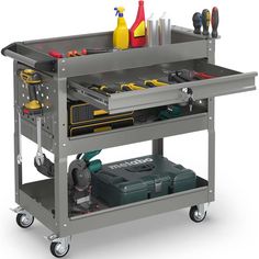 a workbench with tools and cleaning supplies on it's wheels, including a tool box