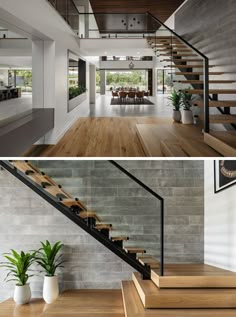 this modern house has an open floor plan and wooden stairs that lead up to the second floor