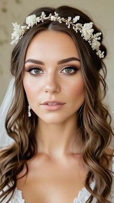 a woman wearing a veil with flowers in her hair and a tiara on her head