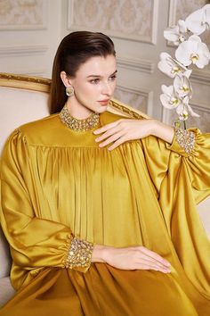 Frances Straight High Neck Silk Floor Length Dress | MEAN BLVD Luxury Long Gold Kaftan, Elegant Gold Floor-length Thobe, Elegant Floor-length Silk Kaftan, Luxury Yellow Floor-length Kaftan, Luxury Satin Maxi-length Kaftan, High Neck Designs, Floor Length Dresses, Drop Waist, Batwing Sleeve