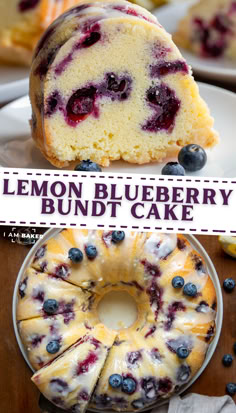 one image shows a slice of cake on a white plate, the second one shows a cake sliced on a white plate. Blueberry Lemon Bundt Cake, Blueberry Bundt Cake Recipes, Lemon Blueberry Bundt, Lemon Blueberry Pound Cake, Lemon Blueberry Bundt Cake, Lemon Bundt Cake Recipe, Blueberry Bundt, Blueberry Bundt Cake, Blueberry Pound Cake