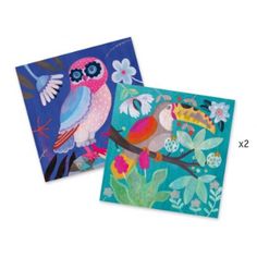 two cards with birds on them sitting next to each other