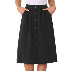 This skirt offers a comfortable fit and good stretch. The elastic waistband ensures a secure and adjustable fit, and the A-line silhouette flatters all body types. Feel confident and comfortable all day long. Effortless Style: Pleats add texture and movement to chic mid-length skirts; perfect for casual outings and semi-formal events. Functional Pockets: This skirt has practical side pockets for keys, lipstick, etc. so you don't need a purse. Versatile, easy to match or down: Style this skirt in Casual Summer Skirt, Button Midi Skirt, Midi Skirt With Pockets, Back Skirt, Button Up Skirts, Skirt Casual, Midi Flare Skirt, Skirts Midi High Waisted, High Waist Fashion