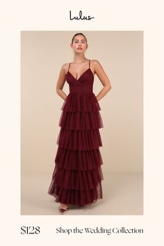 a woman in a red dress with the words shop the wedding collection on her website