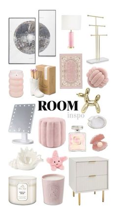 the room is filled with pink and gold items