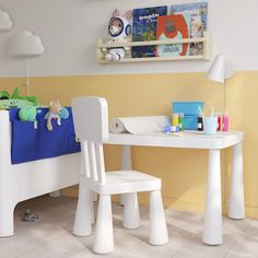 a child's desk and chair in a room with yellow walls, white flooring and wooden floors