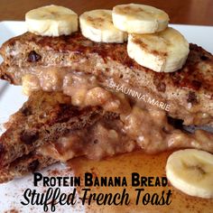 banana bread stuffed french toast on a white plate