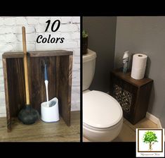 two photos side by side one has a toilet and the other has a wooden holder with toothbrushes in it