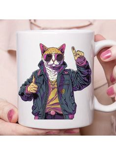 a person holding a coffee mug with a cat on it's face and wearing sunglasses