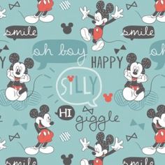 mickey mouse with speech bubbles and words on blue background for fabric or quilting material