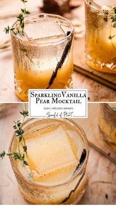 sparkling vanilla pear cocktail with ice and sprigs on the rim, served in glasses