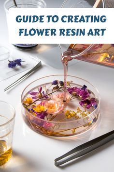 Pouring resin over dried flowers in a small dish. Resin Flower Ornaments, Crafts To Do With Dried Flowers, What To Do With Pressed Flowers Diy, Resin With Dried Flowers, How To Dry Flower Petals, Resin Flower Crafts, Pressed Flower Crafts Projects, Displaying Dried Flowers, Things To Make With Dried Flowers