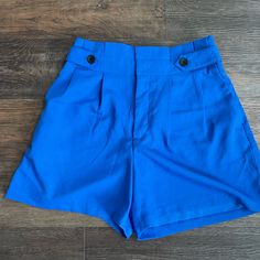 The Cutest Dressy Shorts In Such A Fun Color! Pair Them With A Blazer Or A Bodysuit! Smoke And Pet Free Home, Still Have The Tags! Trendy Blue Workwear Shorts, Blue Shorts With Short Inseam For Spring, Blue Shorts For Spring Workwear, Blue Fitted Shorts For Vacation, Fitted Blue Shorts For Vacation, Blue Vacation Shorts With Short Inseam, Blue Shorts With Short Inseam For Vacation, Blue Workwear Shorts With Pockets, Fitted Blue Summer Shorts