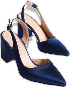 Blue Slingback Pumps With 4-inch Heel For Evening, High Heels With Heel Strap For Banquet, Banquet Block Heel Shoes, Closed Toe 4-inch Heels For Bridesmaids, Blue Pointed Toe Slingback Pumps For Party, 4-inch Heel Court Shoes For Prom, Blue Slingback Pumps With Round Toe For Party, 4-inch Heeled Pointed Toe Prom Heels, Elegant Blue Slingback Pumps For Party