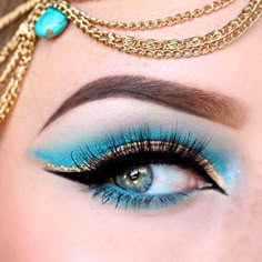 Genie Inspired Makeup, Gold And Teal Makeup, Simple Egyptian Makeup, Teal And Gold Makeup Looks, Princess Jasmine Makeup, Jasmine Makeup