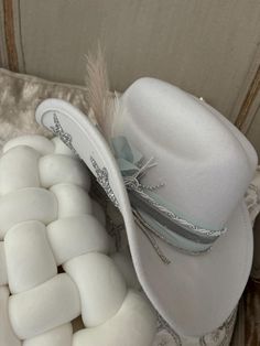 Women's cowboy hat  Boots not included  Decorative 100% polyester cowboy hat.  Geo quarts charm attached One size fits most  56-58  Adorable   All sales final. Birthday girl, bride to be, bachelorette fun.  Need a different color ? Message me. white  hat, blues, whites and creams, silvers  silver stars under brim White Cowboy Hat, Pink Cowgirl, White Hat, Western Hats, Cowgirl Hats, Girl With Hat, Hat Band, Birthday Photoshoot, Silver Stars