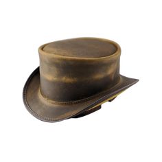 Roxy | Leather Top Hat Leather High Crown Top Hat For Rodeo, Leather Top Hat With Curved Brim For Rodeo, Fitted Leather Hats For Western-themed Events, Classic Brown Hat With Waxed Finish, Classic Leather Fedora With Flat Crown, Classic Leather Top Hat With Wide Brim, Brown Leather Wide Brim Top Hat, Western Style Formal Top Hat With Flat Crown, Steampunk Leather Brimmed Hat Bands