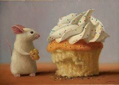 a painting of a white mouse next to a cupcake with frosting on it