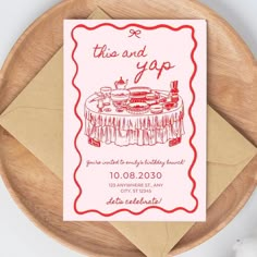 this is an image of a card with a table and cake on it that reads, this and gap