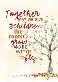 a cross stitch pattern with an image of a tree and the words together, may we give children the roots to grow and the wings today