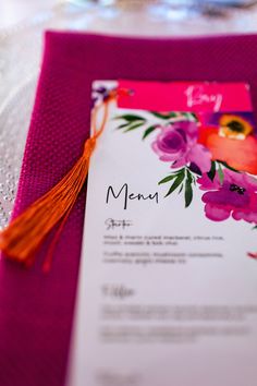 Wedding stationary and table setting design for a bright and modern wedding Bright Table Setting, Name Place Cards Wedding, Wedding Stationary Design, Magenta Wedding, Sunset Party, Jason Williams, Boda Mexicana, 26th Birthday, Viva Magenta