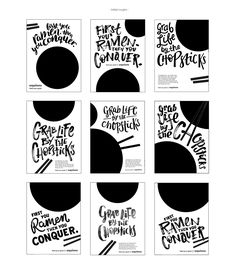 six black and white posters with different font styles