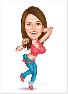 a cartoon caricature of a woman in blue pants and pink top holding a microphone