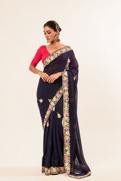 Dark Blue georgette saree Baluchari Saree, Golden Blouse, Silver Blouse, Saree Blouse Styles, Sequin Saree, Orange Saree, Net Blouses, Cotton Gowns, Multi Color Blouse