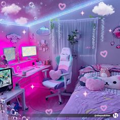 a bedroom decorated in pink and purple with teddy bears on the bed, desk, chair, computer