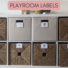 there are many baskets with labels on them that say playroom labels in different colors