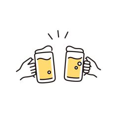 two hands holding beer mugs with yellow liquid