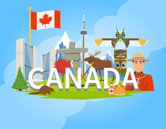 the word canada is surrounded by cartoon characters and an airplane in the sky above it