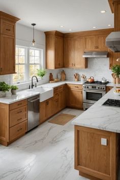 a kitchen filled with lots of wooden cabinets and white counter tops next to a stove top oven