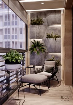 a room with some chairs and plants on the wall next to a planter filled with potted plants