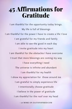 a poem with the words affirmmations for gratitude on it