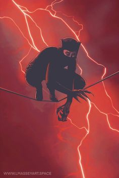 a drawing of a person on a rope with lightning in the background